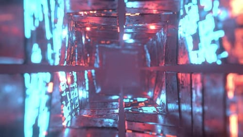 Vol abstrait dans un couloir futuriste, fond de boucle fluide. Cubes de néon colorés et brillants, géo