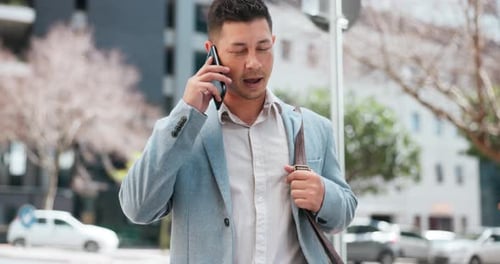 Business man, walking and phone call in city for communication, mobile chat and hello to contact