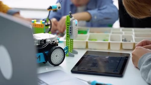 Robotics Programming Class Children Construct and Code Robot STEM Education Using Constructor