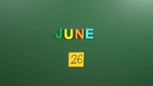 Hand sticking a sticker 26 June calendar day on school board. 26 date of June. Twenty sixth day