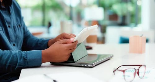 Design, hands and tablet with business person at desk in office for planning, report or research