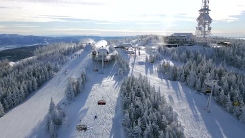Aerial View of Snowy Ski Resort with Cable Cars and Winter Forest