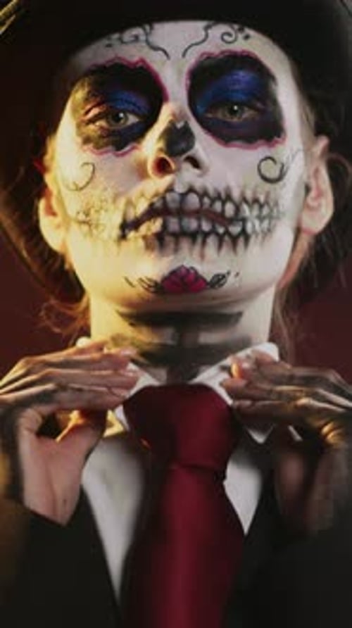 Vertical Video Creepy Flirty Woman Posing As Holy Santa Muerte