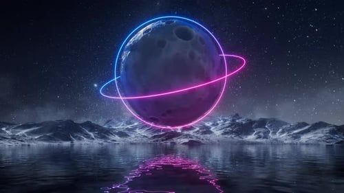 Glowing Neon Rings Orbiting a Cosmic Planet Scene