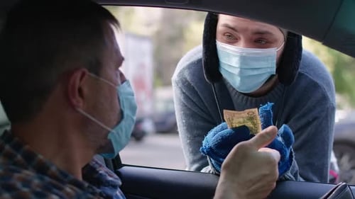 Portrait of Sad Homeless Woman in Covid19 Face Mask Thanking Man for Money Leaving in Slow Motion