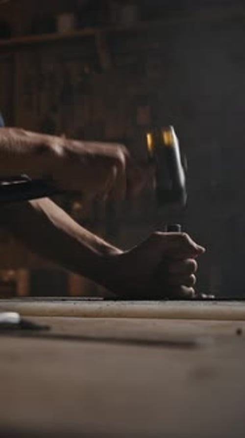 Craft Hobby Young Man Working with Leather Fabric at Creative Workshop Making Garment Products Slow