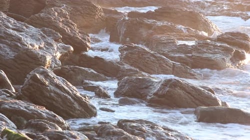 Die Sonne geht über dem Horizont auf und beleuchtet das Meer, während Wellen gegen die Felsen schlagen. Die Energie von