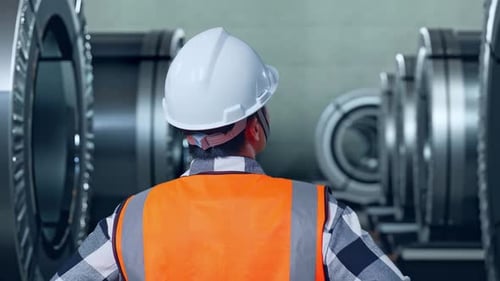 Back View Of A Male Engineer Looking Around While Arms Akimbo In Metal Factory