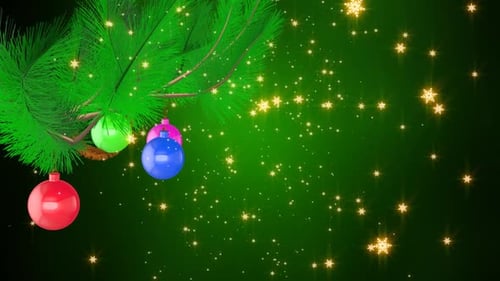 Festive Christmas Tree Branch with Ornaments and Falling Snowflakes