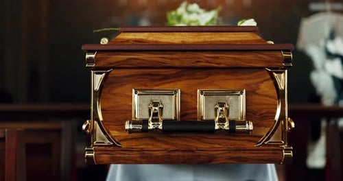 Casket, church and funeral with service in closeup, zoom or event to celebrate life