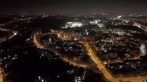 Aerial View of Illuminated Krakow Cityscape at Night Night Aerial Scene with Glowing City Lights in