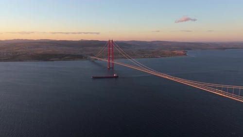 Aerial view of Canakkale Bridge at sunset, Turkey.