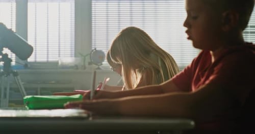 Primary School Children Sitting at Desks Writing School Exam or Doing Tasks in Notebooks