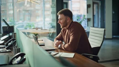 Smiling Employee Video Calling By Laptop at Office Manager Online Conversation