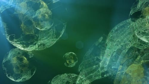 A vibrant depiction of floating green spheres in a cosmic environment