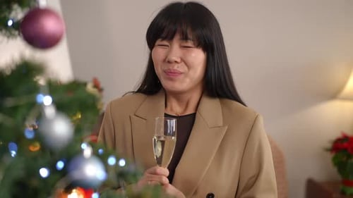 Woman Celebrates Christmas with Champagne at Home