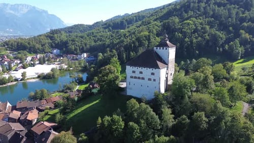 Beautiful view of top to Werdenberg castle. View from drone, quadrocopter to the medieval castle