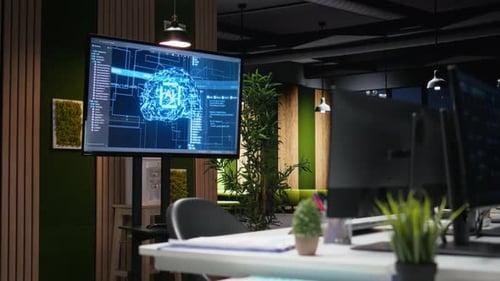 Artificial Intelligence Algorithms Displayed on Screen in High Rise Office