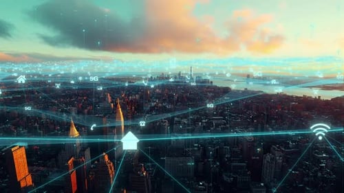Futuristic 5G Network Connectivity Over Modern City Skyline