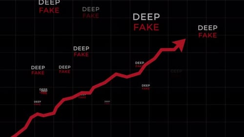 Red arrow uptrend rising on black background with deep fake logo appearing in loop animation. Alpha