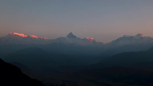 Snow Peak of Mountain and Annapurna Range also called Fishtail Mountain at Sunrise in the Himalayas