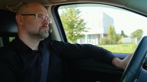 Sad Car Driver Hold Steering Wheel Enjoy Traveling Road Route Depressed Man Driving Expensive Car