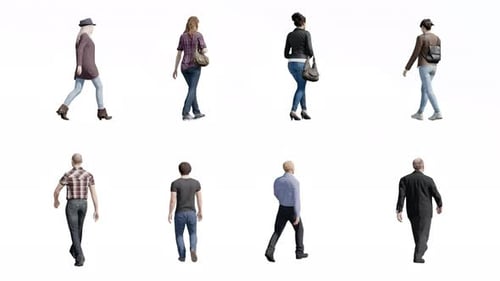 4K-Alphakanal, 3D-Rückansicht von Menschen, die auf transparentem Hintergrund laufen