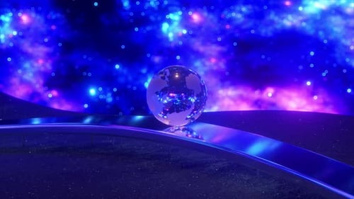 The Glass Ball of Planet Earth Smoothly Rolls Along the Wavy Chrome Surface on a Fantastic Space