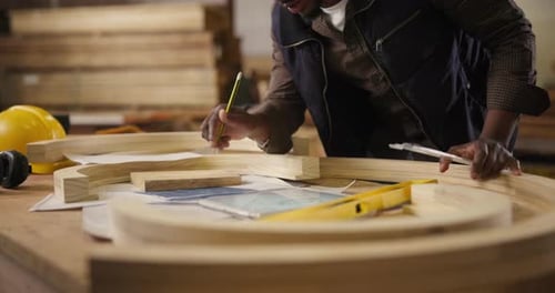 Wood, carpenter and measuring while planning design in workshop for furniture