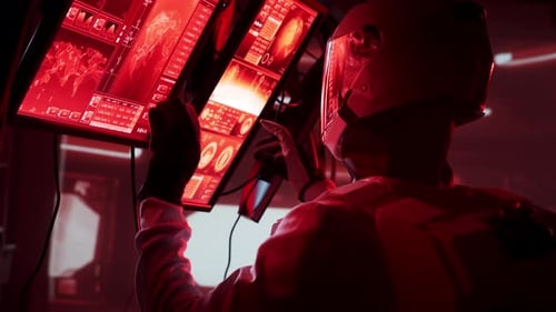 Astronaut in einem Raumanzug an Bord der Marsstation Kosmonauten steuern das Raumschiff im Weltraum