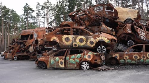 Irpin Ukraine April 8 2023 A Mountain of Rusty Cars Cut By Enemy Bullets