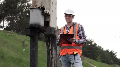 An electrical engineer inspects a transformer box and makes entries in a log.