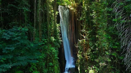 Aerial View Waterfall of Mountain Falling in Green Nature of Forest Landscape