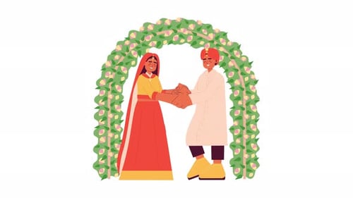 Couple hindou se tenant la main sous une arche florale, animation de personnages 2D