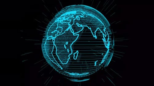 Rotating Digital Earth Globe with Glowing Wireframe and Network Connections