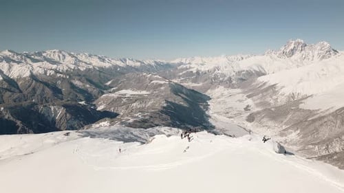 Skiers Freeriding In Tetnuldi Ski Resort, Georgia (Fly Over)