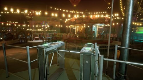 Empty Amusement Park with Carousel and Bright Lights at Night