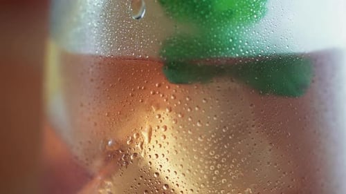 Iced Drink with Condensation and Mint Leaf