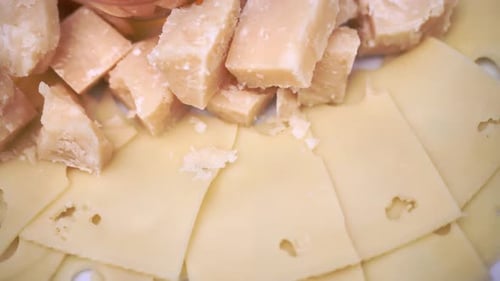 Variety of Cheeses on Display in Close Up