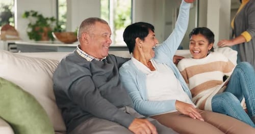 Grandparents, relax and happy family together in lounge for bonding in living room
