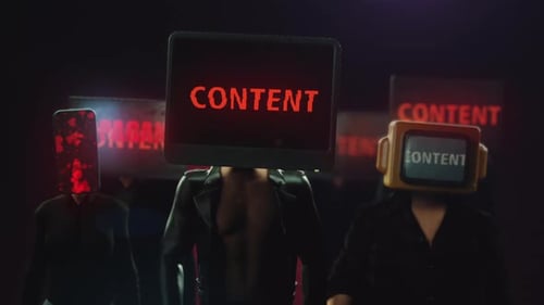 animation of a group of people with monitors instead of heads, labeled content