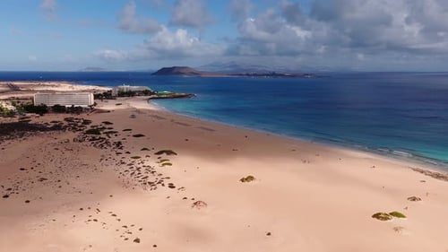 Aerial Dunes and Beach Near Corralejo with Lobos and Lanzarote
