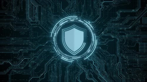 Holograma de seguridad Pin de HUD virtual con escudo y candado Concepto de privacidad de datos financieros y