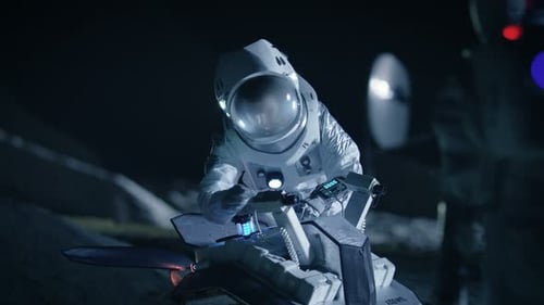 Astronauts Inspecting Lunar Vehicle on Moon Surface