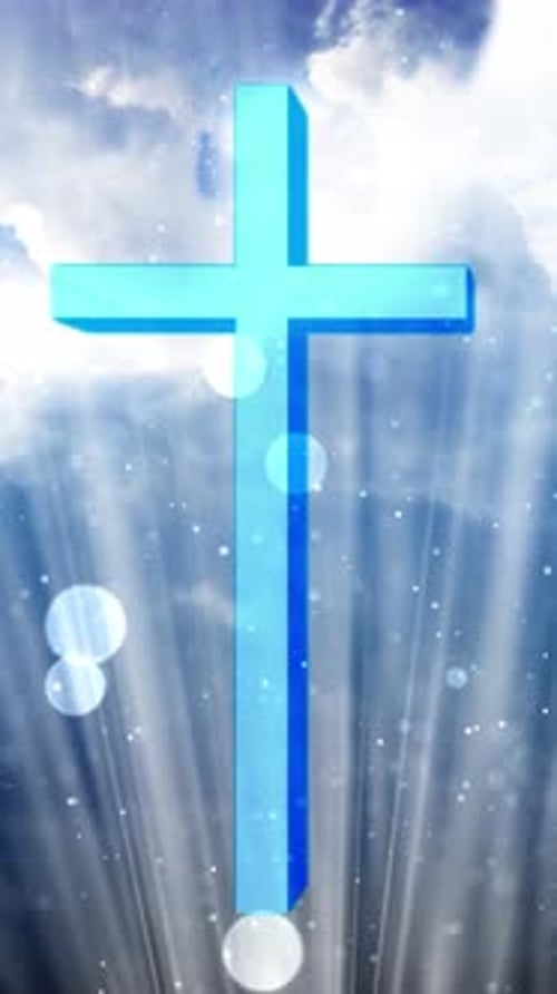 Animated Blue Cross with Glowing Light Rays and Floating Particles