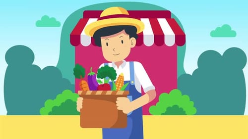 Animated Flat Design Farmer Holding Fresh Produce at Market