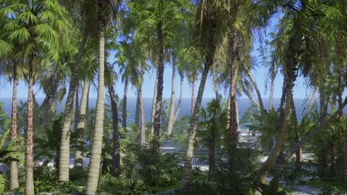 Paradise Landscape of Tropical Beach with Calm Ocean Waves and Palm Trees