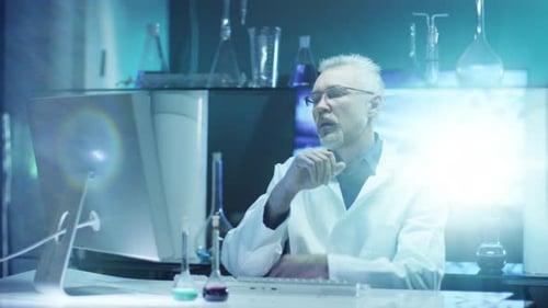 Pensive Scientist Contemplating Data at Desk in Bright Lab