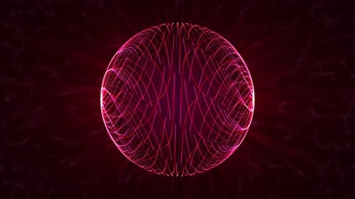 Schleifenanimation einer transparenten Kugel aus rosafarbenen Energielinien, die sich auf dunklem Hintergrund drehen