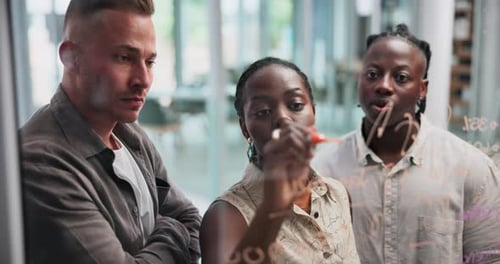 Teamwork, planning and business people writing on glass in office for coaching or teaching
